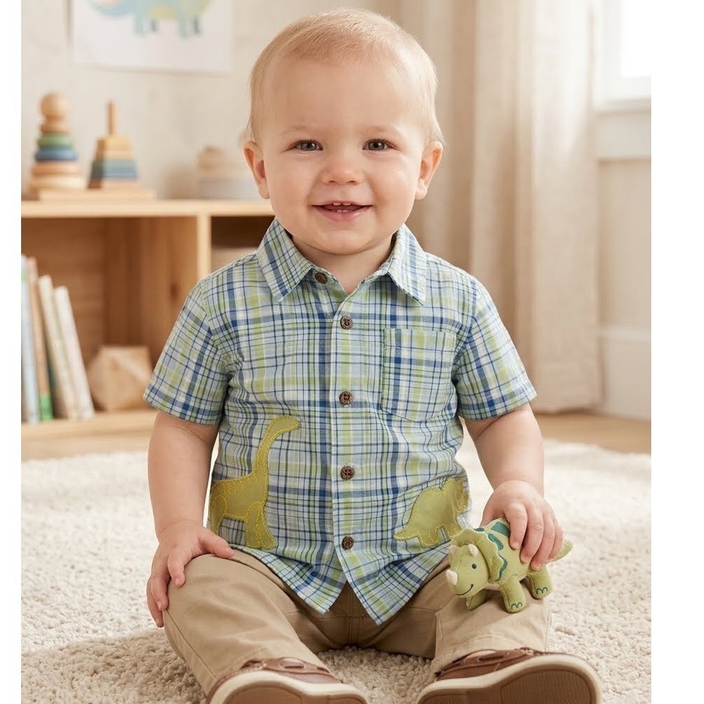 2006 Gymboree Boys Blue Green Plaid Dinosaur Applique Button Down Shirt 2T VTG